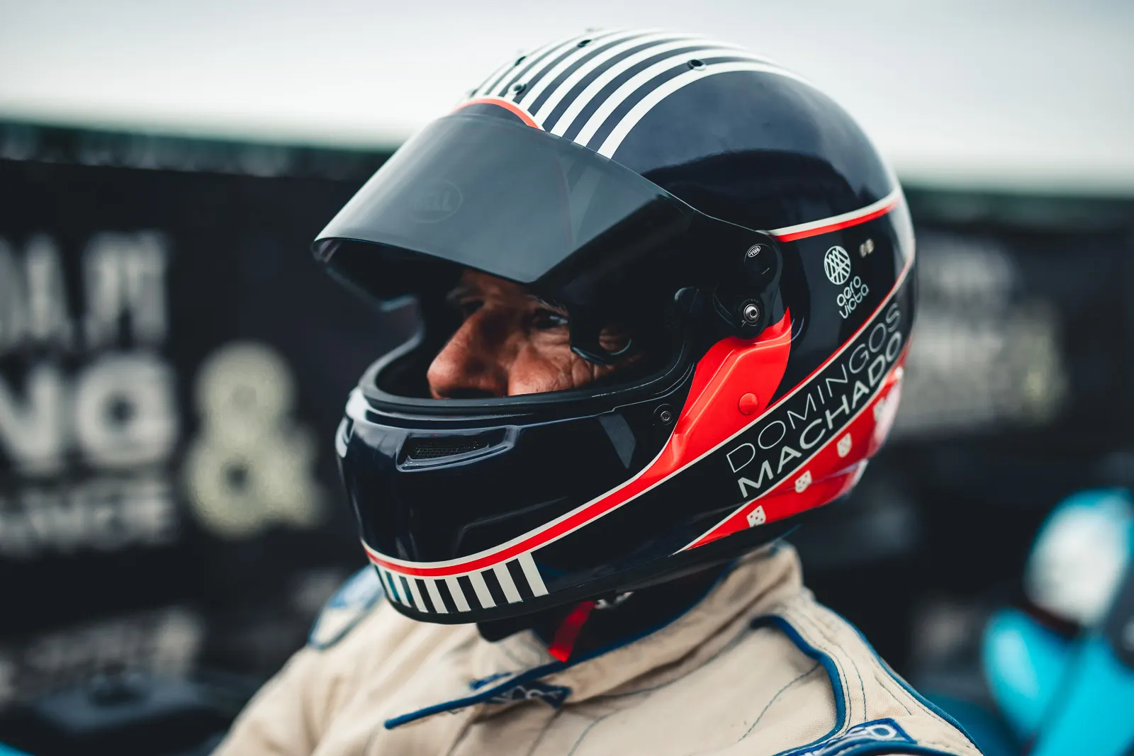 Domingos in his helmet, ready to drive